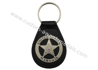 Metal US Marshal Leather Key Chain, Personalized Leather Keychains with Misty Nickel Plating
